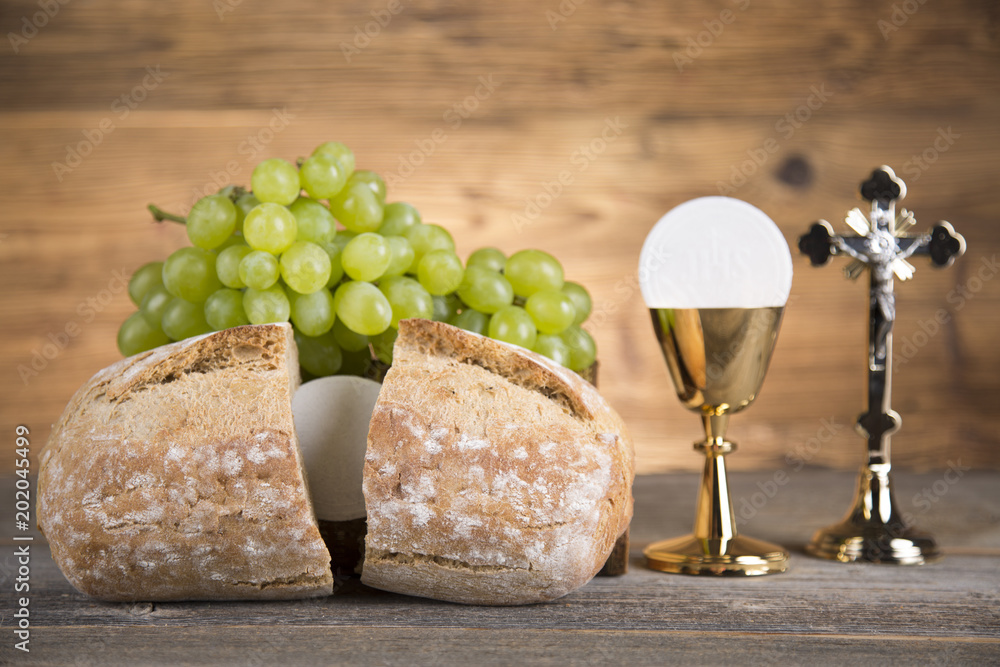 Eucharist symbol of bread and wine, chalice and host, First communion ...