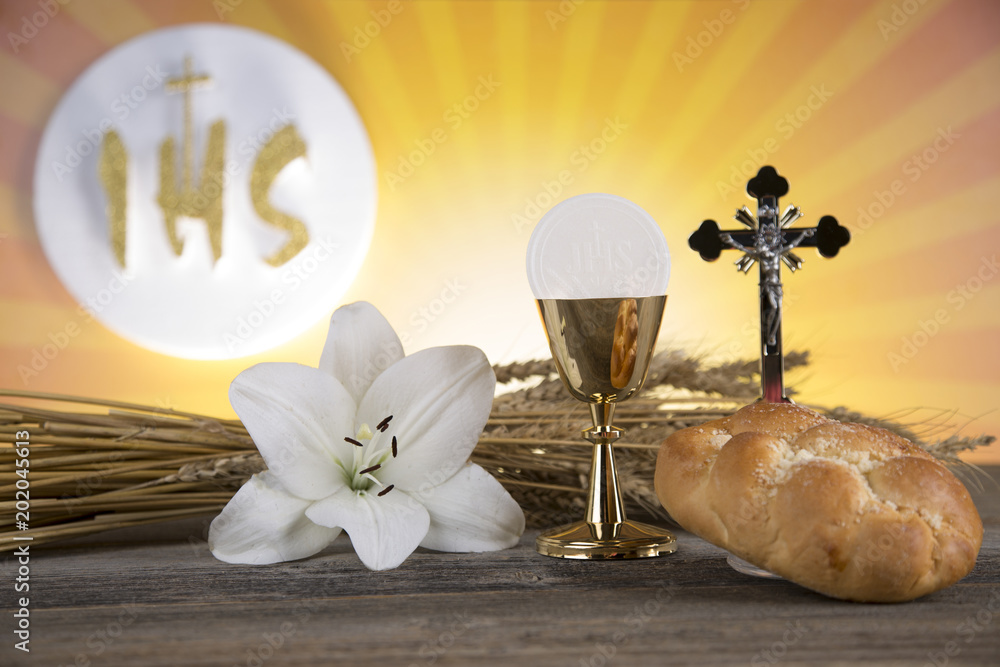 Eucharist symbol of bread and wine, chalice and host, First communion ...