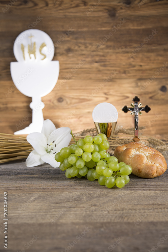 Eucharist symbol of bread and wine, chalice and host, First communion ...
