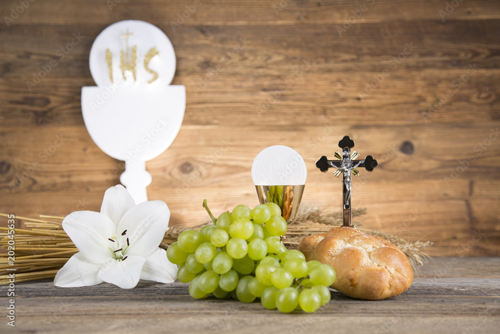 Eucharist symbol of bread and wine, chalice and host, First communion ...