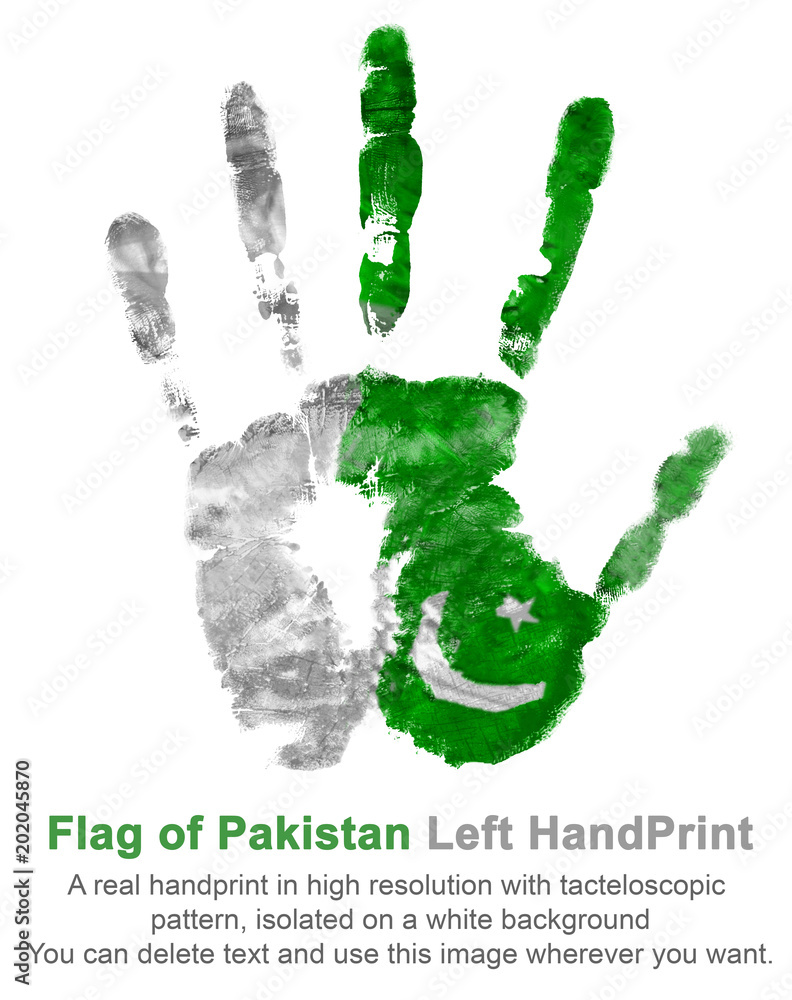 A real left hand impression in the colors of the flag of Pakistan. Symbol of holidays and dates of Pakistan. A real left hand impression in the colors of the flag of Pakistan. Symbol of holidays and dates of Pakistan.