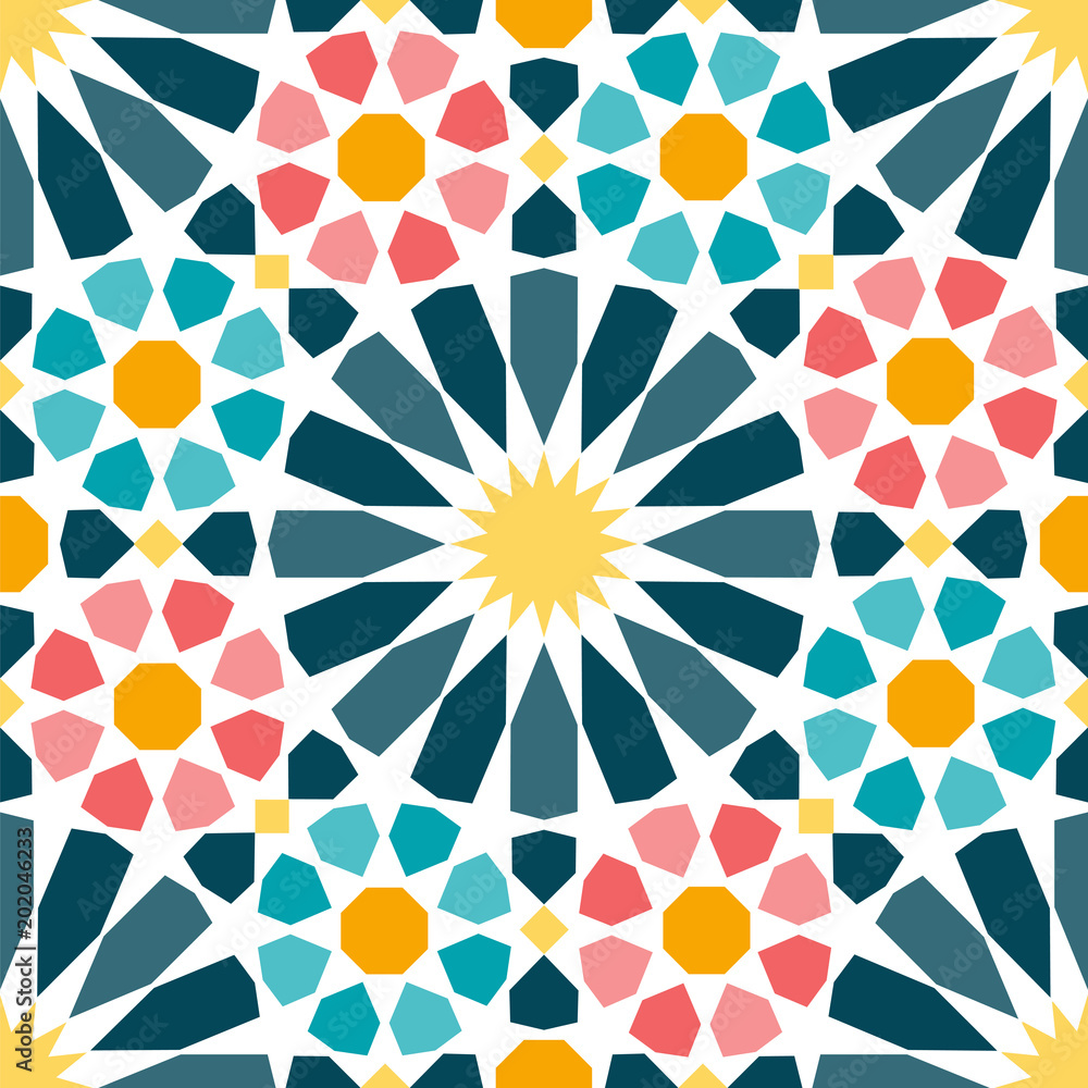 Traditional arabic seamless pattern in modern colors. Geometric caleidoscope design, perfect for wall decoration, backgrounds, wallpapers and wrapping paper design. Vector illustration.
