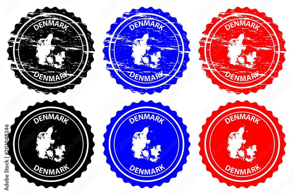 Denmark - rubber stamp - vector, Denmark map pattern - sticker - black, blue and red