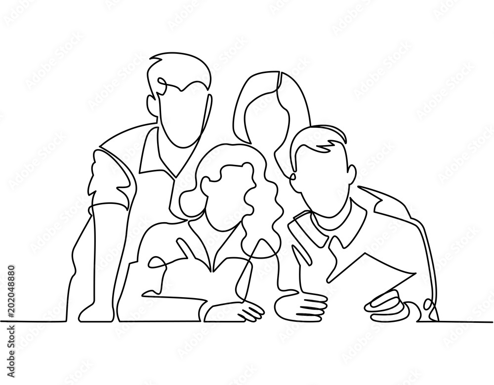continuous line drawing of business team or united family