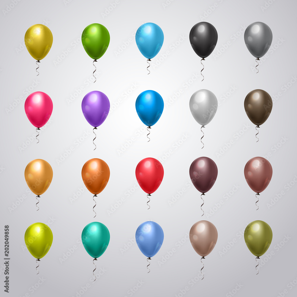 Collection Of Helium Balloons Colorful With Ribbons On Grey Background Holiday Decoration Set Flat Vector Illustration Collection Of Helium Balloons Colorful With Ribbons On Grey Background Holiday Decoration Set Flat Vector Illustration