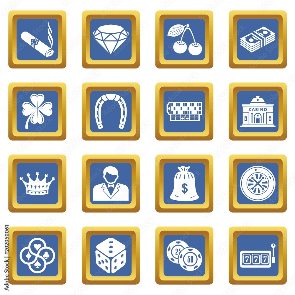 Casino icons set vector blue square isolated on white background 