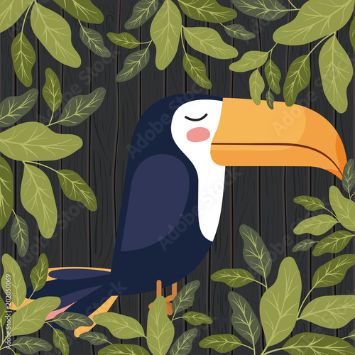 cute toucan bird in forest scape scene vector illustration design