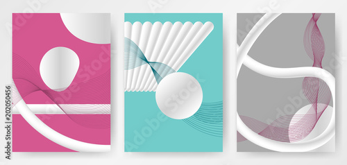 Colorful modern abstract posters, covers, templates with gradient circles, thin line smoke wave, white liquid shape on pink, blue, gray background. Vector illustration.