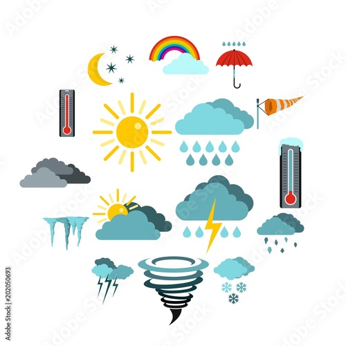 Flat weather icons set. Universal weather icons to use for web and mobile UI, set of basic weather elements isolated vector illustration