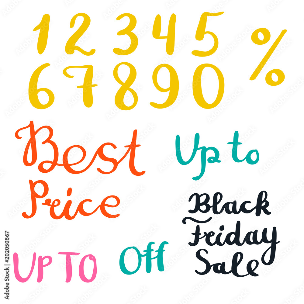 Set of elements with words, digits - Best Price, Black Friday Sale. Vector illustration. Set of elements with words, digits - Best Price, Black Friday Sale. Vector illustration.