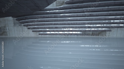 Abstract white and concrete interior  with glossy white lines. 3D illustration and rendering.
