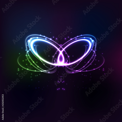 Neon circles. Round bright light twisted glitter circle sparkle effect. Glowing magic ring trace on a dark background  vector