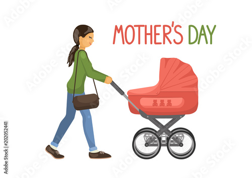 Mother's Day. Mother with baby carriage on white background. Vector illustration.
