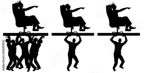 Silhouette vector selfish man with a crown on his head sitting in an armchair, indicates to people who carry him, where to move.