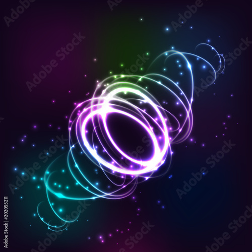 Neon blurry circles at motion . Abstract luminous swirl trail , slow shutter speed effect . Light painting . Lights shape at motion . Vector exposure time ,