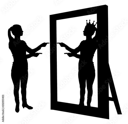 Silhouette vector of a narcissistic woman raises her self-esteem in front of a mirror