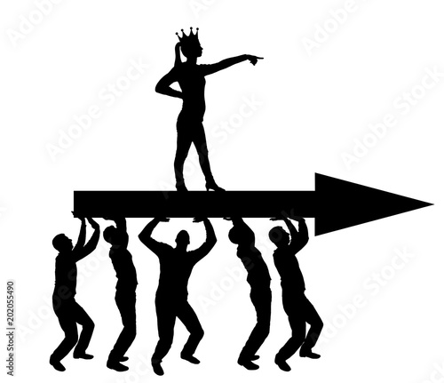 Silhouette vector of a selfish woman with a crown on her head indicates to the men who carry her, where to move