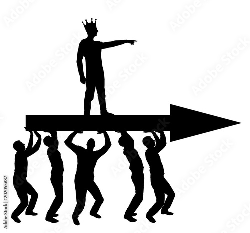 Silhouette vector of a selfish man with a crown on his head indicates to people who carry him, where to move