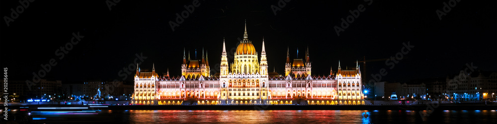 Night view of illuminated Parliament building in Budapest, Hungary