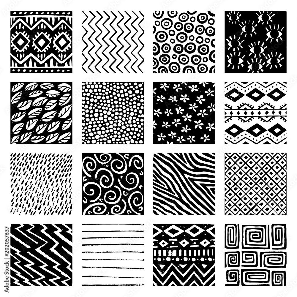 Set of grainy ink in textures. Squares black and white prints. Vintage ornament in doodle style.