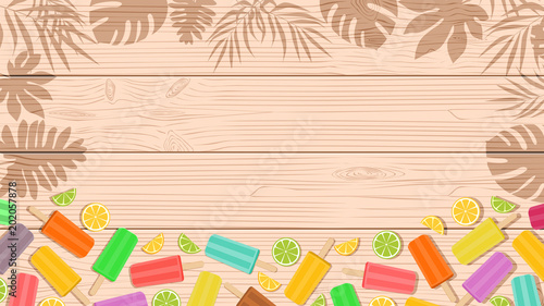 Poster, card or banner of colorful ice cream or popsicle with tropical leaves. Copy space for text. Vector illustration in flat style design