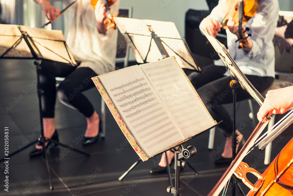 Obraz premium Selective Focus on Music note sheets on stand with background of playing cellists and violinists band on event in bright day sunlight. Commercial music. Service at business meeting, party, weddings.