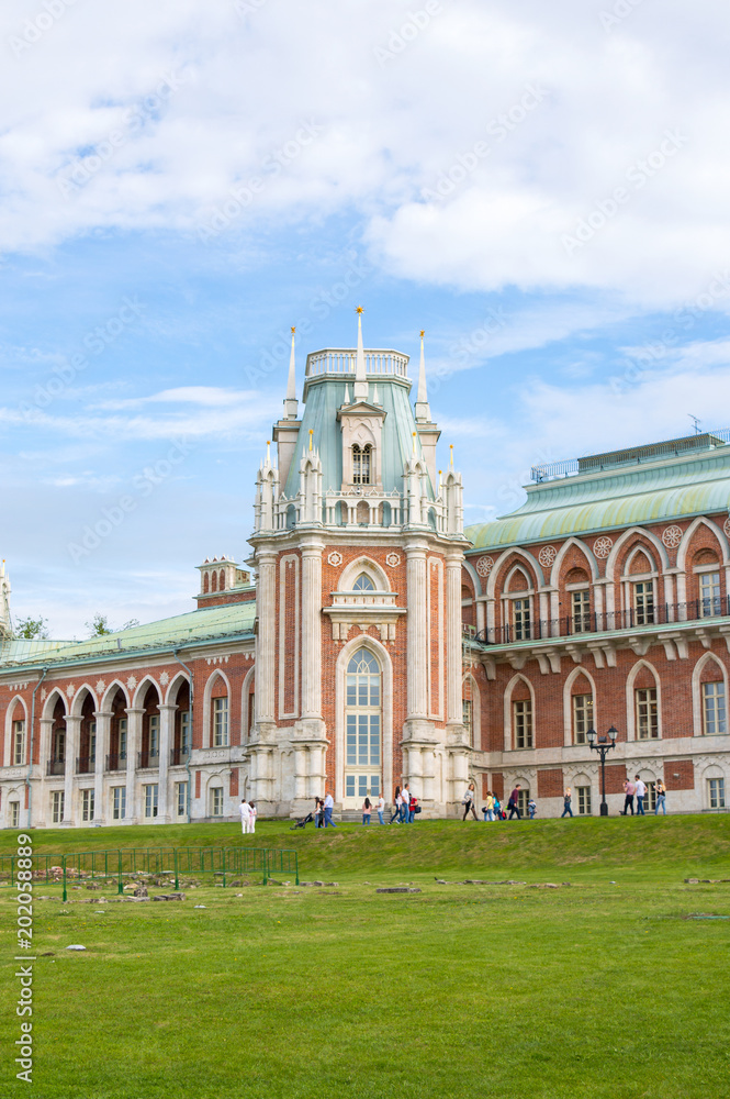 Tsaritsyno palace on sunny spring day, famous ancient landmark in Moscow, cultural heritage of royal park with gothic architecture