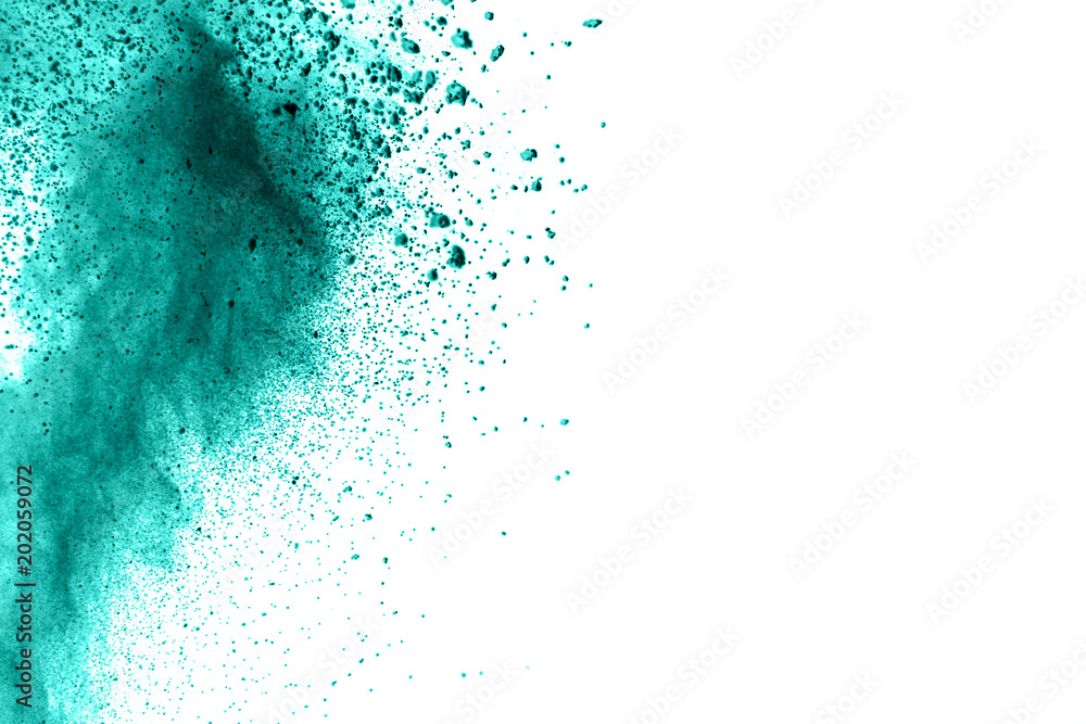 abstract green dust explosion on  white background. abstract brown powder splattered on white background. Freeze motion of brown powder exploding.