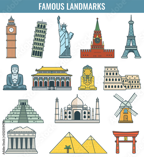 Famous World Landmarks. Travel and Tourism concept. Vector