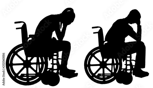 Silhouette vector of a sad disabled woman and man in a wheelchair crying