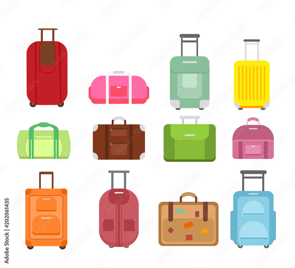 Vector illustration set of different types bags for travel isolated on  white background, suitcase journey trip and case voyage baggage leather  handbag many colors and shapes in flat cartoon style. Stock Vector