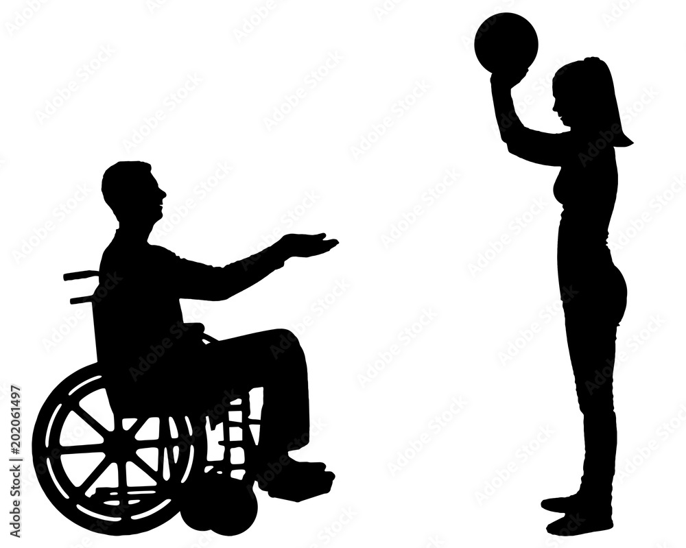 Vector silhouette of a disabled man in a wheelchair and his wife playing togethe Vector silhouette of a disabled man in a wheelchair and his wife playing togethe