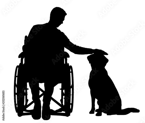 Silhouette vector disabled man in a wheelchair stroking his dog