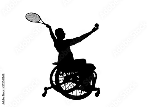 Silhouette vector of disabled person in a wheelchair playing tennis