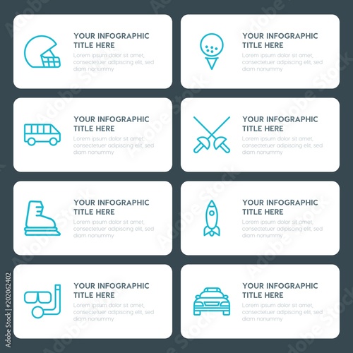 Flat transports, hotel, sports infographic timeline template for presentations, advertising, annual reports