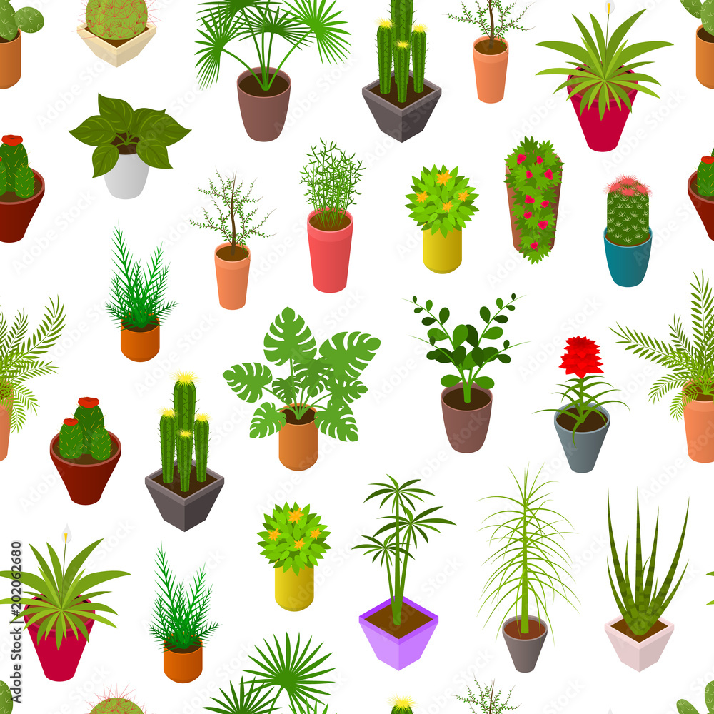 Green Plants in Pot Seamless Pattern Background 3d Isometric View. Vector