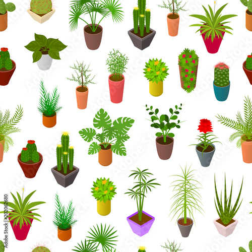 Green Plants in Pot Seamless Pattern Background 3d Isometric View. Vector
