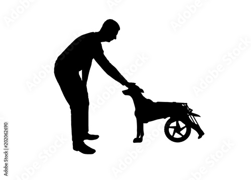 Silhouette vector Man outdoors strokes his paralyzed dog in a wheelchair.