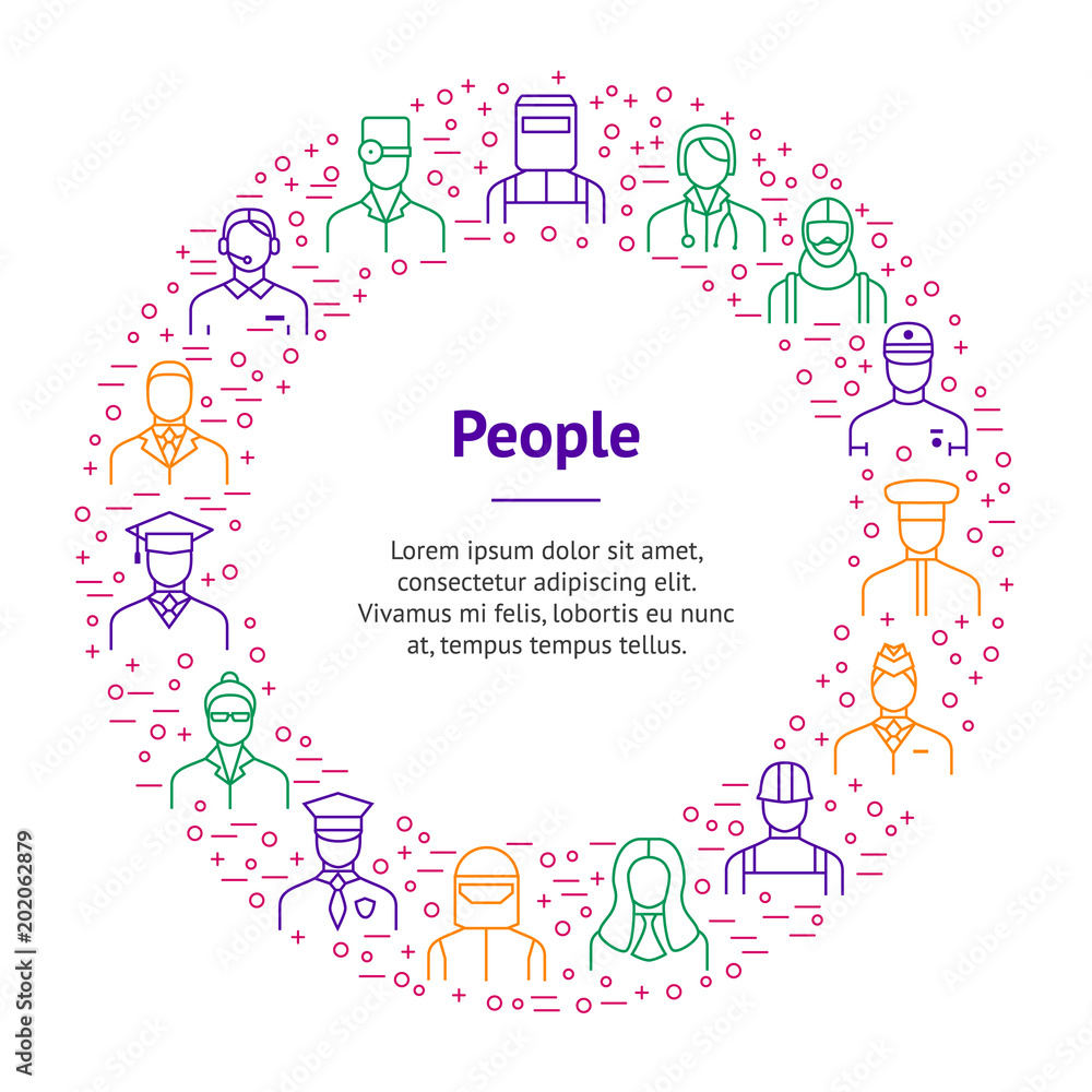 People Avatars Characters Staff Thin Line Banner Card Circle. Vector