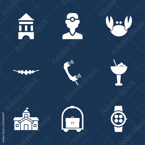 Premium set with fill icons. Such as seafood, watch, dentistry, city, travel, medical, call, architecture, tower, time, glass, house, network, clinic, gadget, telephone, cocktail, crab, treatment, sea