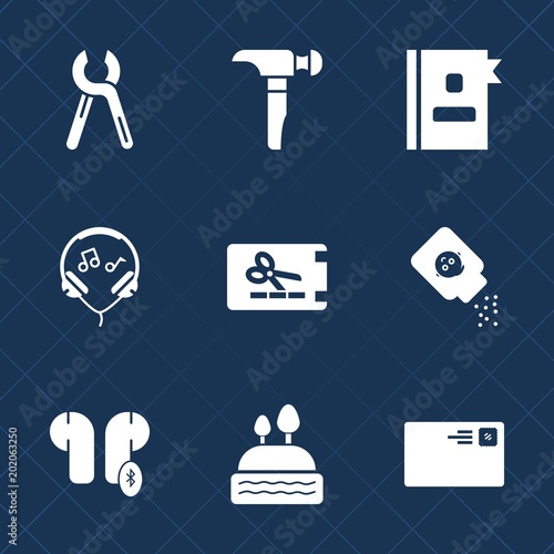 Premium set with fill icons. Such as equipment, technology, book, communication, renovation, coupon, reparation, construction, audio, powder, wireless, sweet, repair, business, letter, telephone, food photo