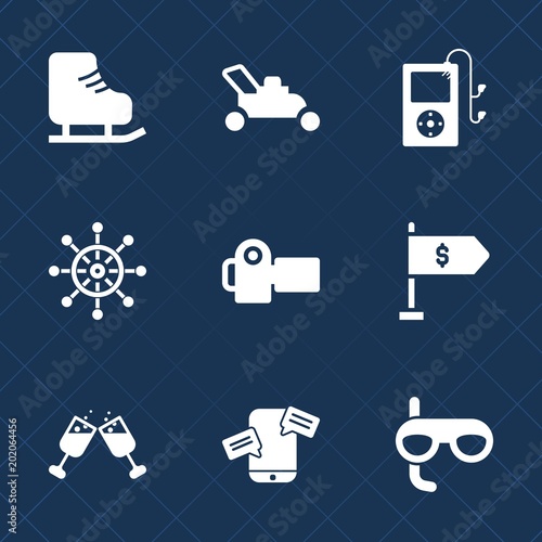 Premium set with fill icons. Such as skating, nautical, scuba, music, red, sport, communication, white, rudder, tool, skate, ship, mover, fun, grass, activity, lawn, photographer, glass, finance, helm