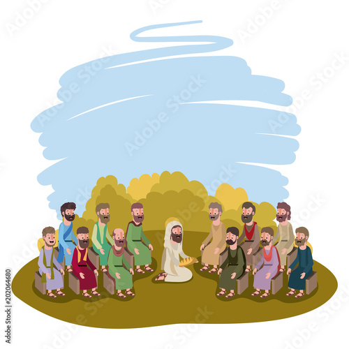 jesuschrist praying with apostles biblical scene vector illustration design
