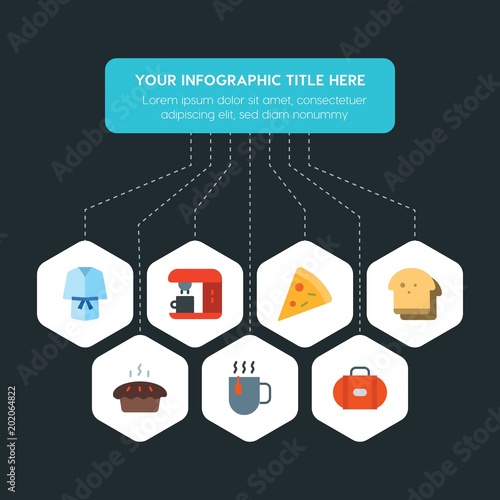 Flat geometric food, hotel, drinks infographic steps template with 7 options for presentations, advertising, annual reports