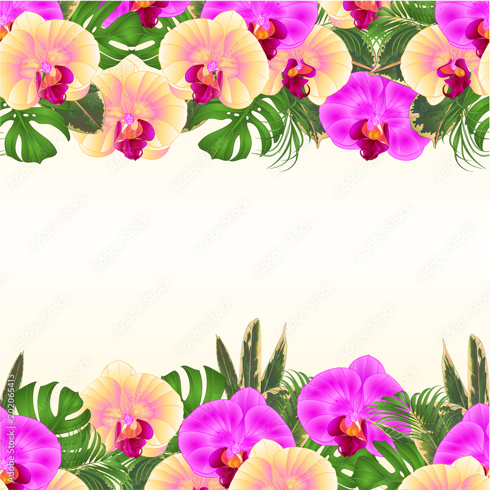Floral  seamless background bouquet with tropical flowers  floral arrangement, with beautiful yellow and purple orchids, palm,philodendron  vintage vector illustration  editable hand draw