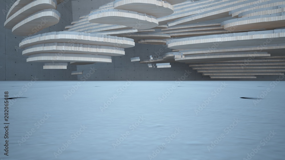 Fototapeta premium Abstract concrete and wood parametric interior with window. 3D illustration and rendering.