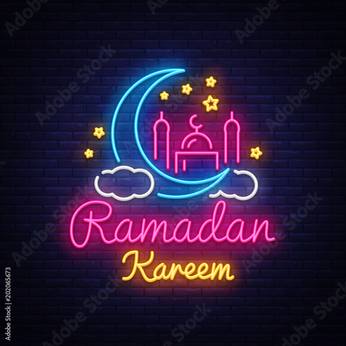 Ramadan Kareem neon sign. Ramadan Kareem vector banner in neon style, night bright signboard, celebration of Muslim community festival, islamic greeting design, greeting card, advertising