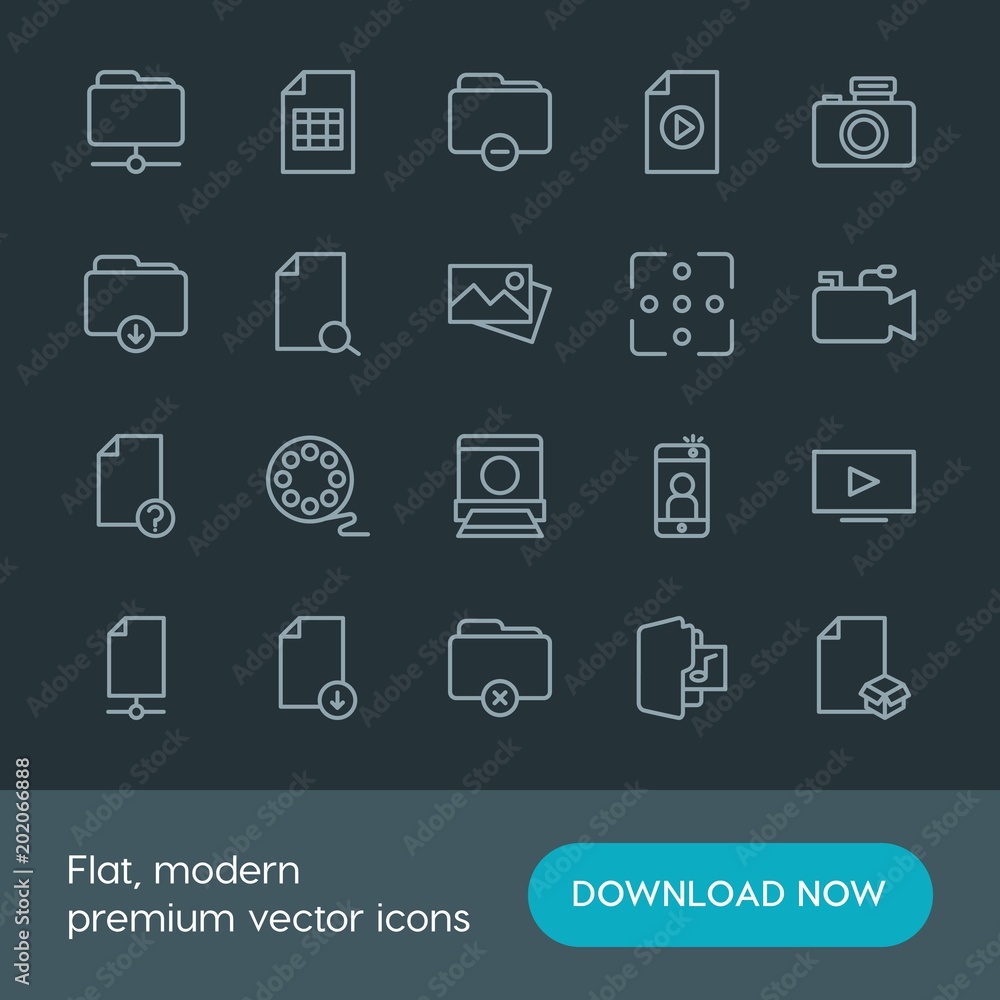 Modern Simple Set of folder, video, photos, files Vector outline Icons. Contains such Icons as photography, camera, technology, office and more on dark background. Fully Editable. Pixel Perfect. Modern Simple Set of folder, video, photos, files Vector outline Icons. Contains such Icons as photography, camera, technology, office and more on dark background. Fully Editable. Pixel Perfect.