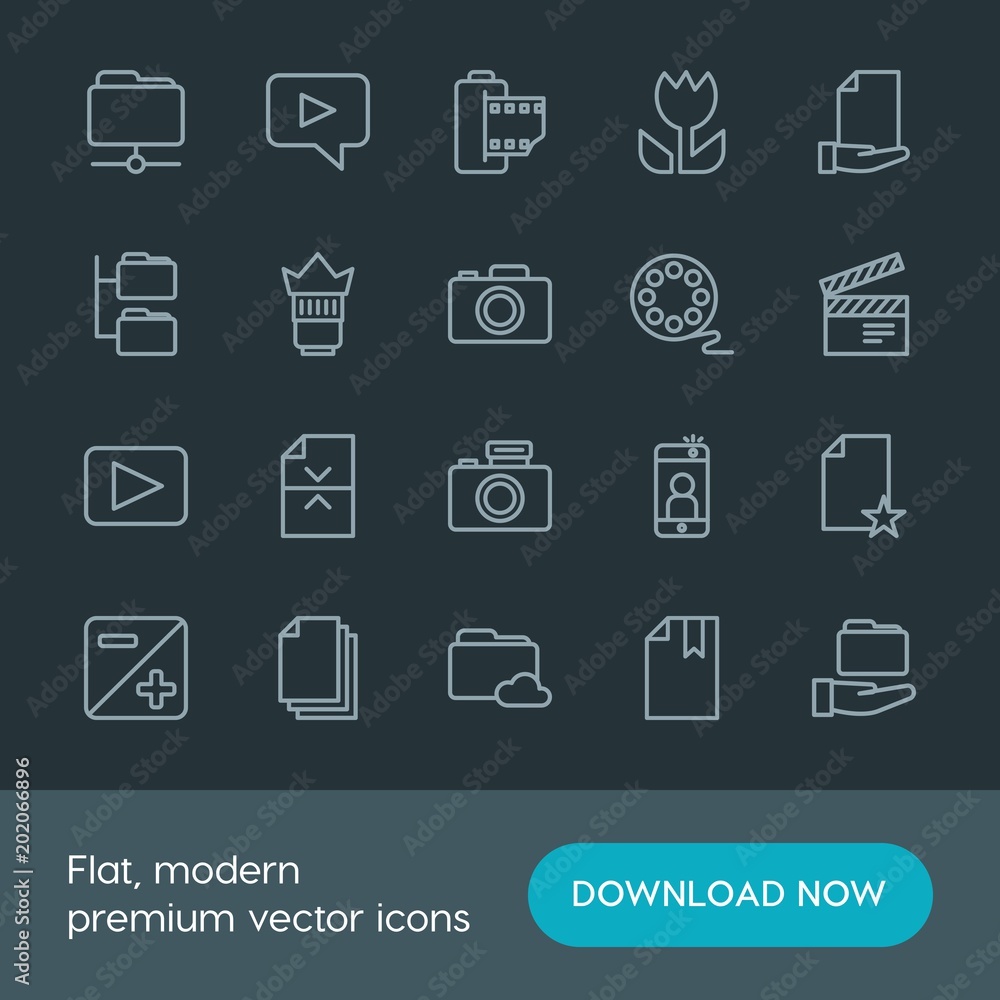 Modern Simple Set of folder, video, photos, files Vector outline Icons. Contains such Icons as camera,  cloud,  document, message,  vintage and more on dark background. Fully Editable. Pixel Perfect.