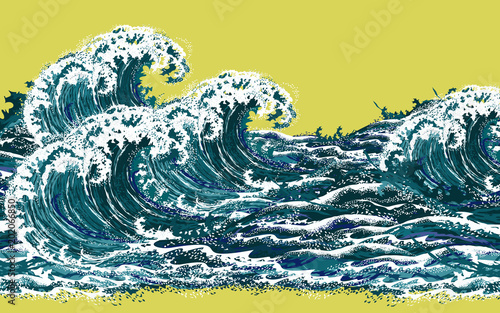 Sea waves. Hand drawn realistic vector illustration in oriental vintage ukiyo...